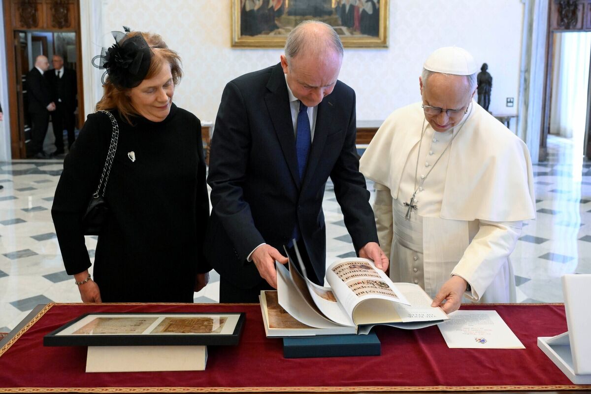 Taoiseach Micheál Martin and his wife Mary O'Shea meeting Pope Leo XIV in the Apostolic Palace, Vatican City. Picture: Vatican Media/PA Wire Taoiseach Micheál Martin and his wife Mary O'Shea meeting Pope Leo XIV in the Apostolic Palace, Vatican City. Picture: Vatican Media/PA Wire