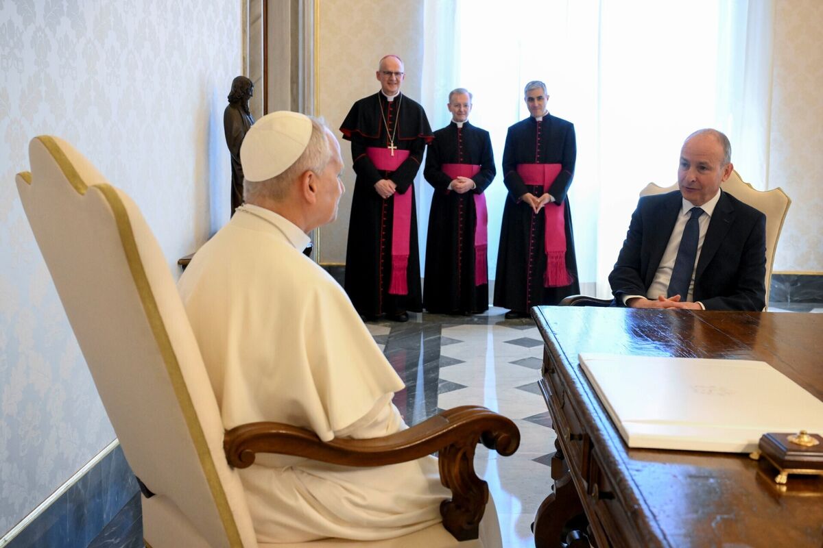 Taoiseach Micheál Martin during his meeting with Pope Leo XIV in the Apostolic Palace, Vatican City, on Friday. Picture: Vatican Media/PA