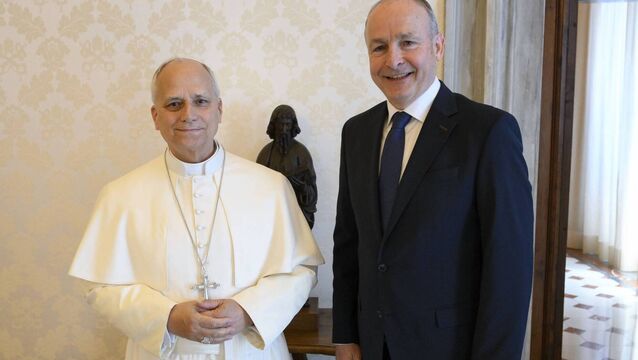<p>Pope Leo XIV greeting Taoiseach Micheál Martin during his state visit to the Vatican on Friday. Picture: Mario Tomassetti/Vatican Media</p>