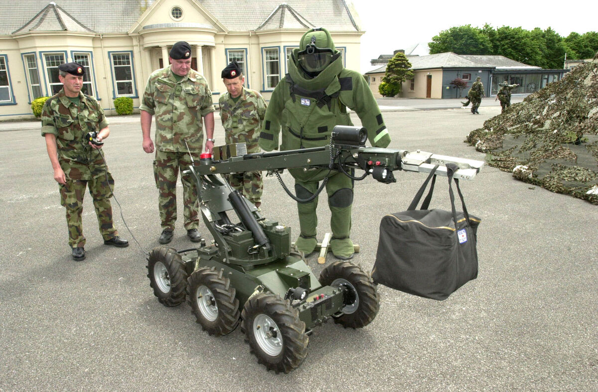 A 2005 photo of the Irish Defence Forces' Explosive Ordnance Disposal team demonstrating a HOBO robot at an open day at Collins Barracks, Cork. Reamda started in business in 2001 by providing life extension upgrades to HOBO units.  Picture: Irish Examiner Archive/Richard Mills