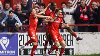 Sean Boyd celebrates after scoring his side's second goal of the match with Maill Lundgren and Mipo Odubeko  22/5/2026