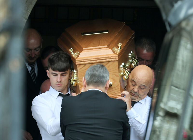 Daena Walsh's remains are carried from St Laurence O'Toole's Church, Roundwood, Co Wicklow after her funeral Mass in August 2024.