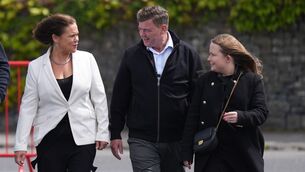 <p>(left to right) Sinn Féin president Mary Lou McDonald, Sinn Féin candidate Mark Lohan and Galway TD Mairead Farrell arriving at the count for the Galway West by-election at the Galway Lawn Tennis Club, Galway. Picture: Niall Carson/PA Wire</p>