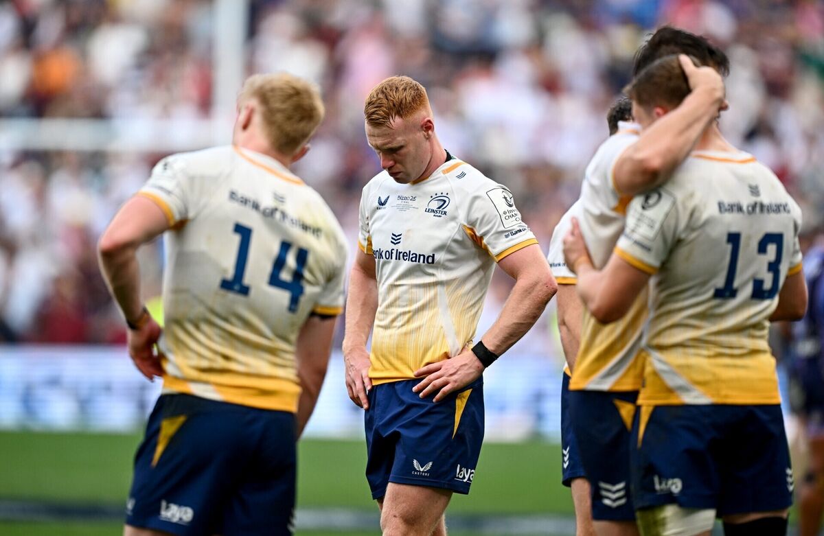 FAMILIAR FEELING: Ciarán Frawley of Leinster, centre, and team-mates after the Investec Champions Cup final match between Leinster and Union Bordeaux Bégles at San Mamés Stadium in Bilbao, Spain. Photo by Seb Daly/Sportsfile FAMILIAR FEELING: Ciarán Frawley of Leinster, centre, and team-mates after the Investec Champions Cup final match between Leinster and Union Bordeaux Bégles at San Mamés Stadium in Bilbao, Spain. Photo by Seb Daly/Sportsfile