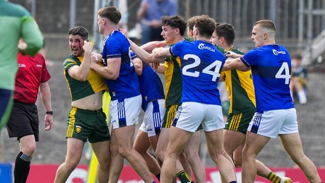 <p>FLASHPOINT: Ryan McHugh of Donegal shows the referee his blooded face during a tussle. Pic: INPHO/James Lawlor</p>