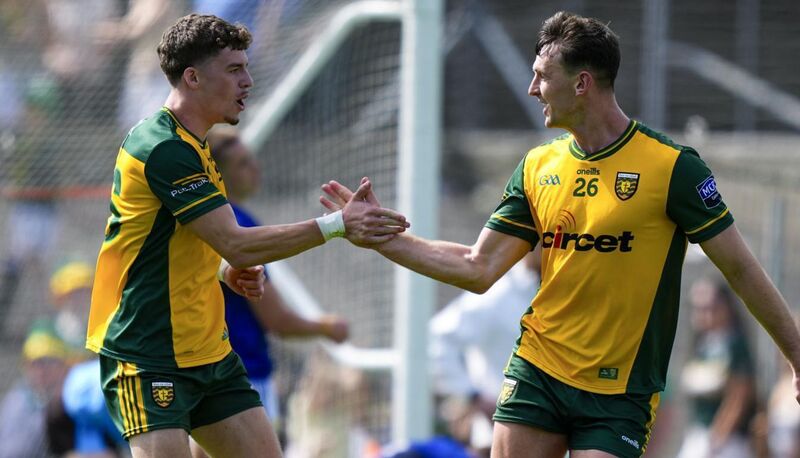 ON FORM: Shea Malone of Donegal celebrates his goal with man of the match Michael Langan. Pic: INPHO/James Lawlor ON FORM: Shea Malone of Donegal celebrates his goal with man of the match Michael Langan. Pic: INPHO/James Lawlor