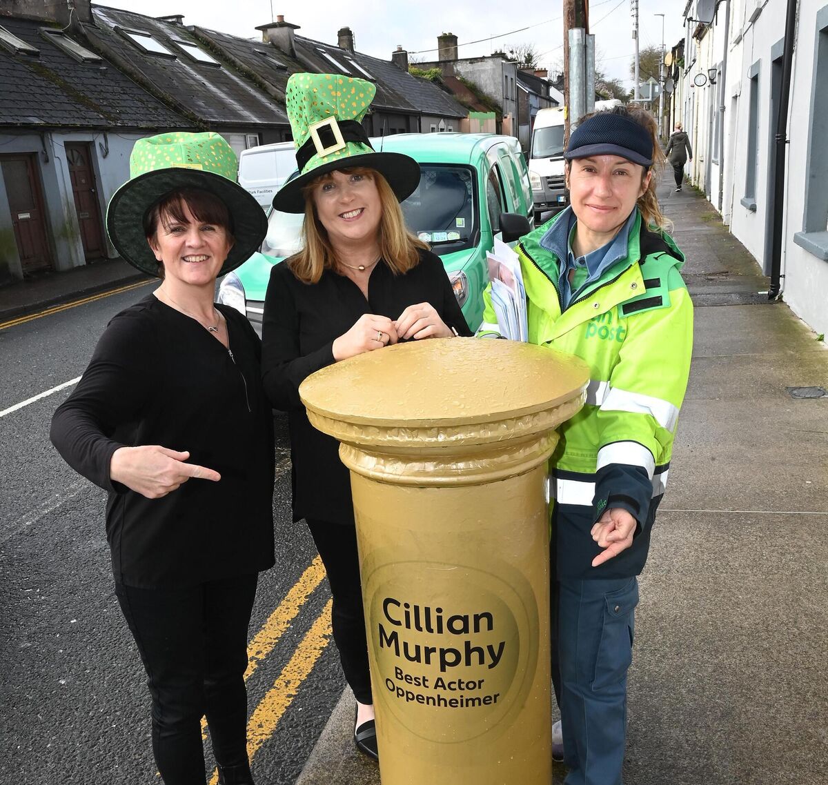  Post-office staff in Bellintemple at the Oscar-themed Cillian Murphy postbox.  Picture: Larry Cummins