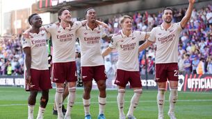 <p>BROTHERS IN ARMS: Arsenal's Bukayo Saka, Declan Rice, Gabriel, Martin Odegaard and Mikel Merino celebrate. Pic: John Walton/PA Wire.</p>