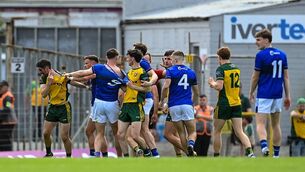 <p>FLASHPOINT: Donegal defender Ryan McHugh points towards an injury sustained in a fracas at the end of the ifrst half in Saturday's All-Ireland SFC tie at Fitzgerald Stadium in Killarney. Pic: Stephen McCarthy/Sportsfile</p>