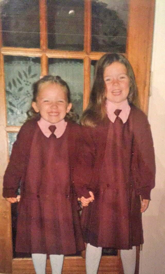 Laura Fox (right) and childhood best friend Karen on their first day at school in 1995.