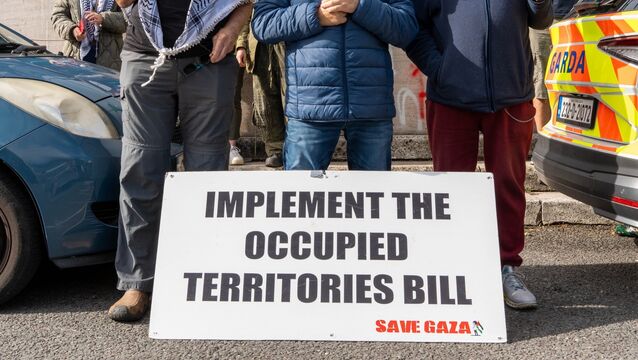 <p>A sign calling for the implementation of the Occupied Territories Bill at a protest outside Taoiseach Micheál Martin's Cork office last year. It has been thrown into sharp focus again after Irish activists were among many detained by Israeli forces while part of a Gaza-bound flotilla in the Mediterranean Sea. Picture: Noel Sweeney</p>