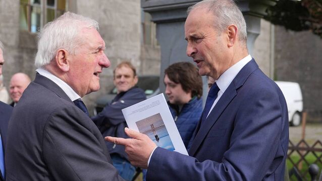 <p>A file photo of former taoiseach Bertie Ahern and current Fianna Fáil leader and Taoiseach Micheál Martin in 2025. File picture: Niall Carson/PA</p>