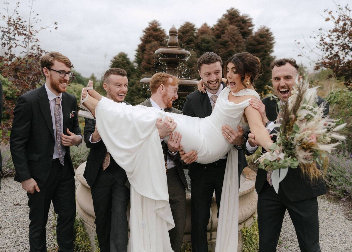 Fionnuala Jay and Cian Roche with guests on their wedding day at Fernhill House.