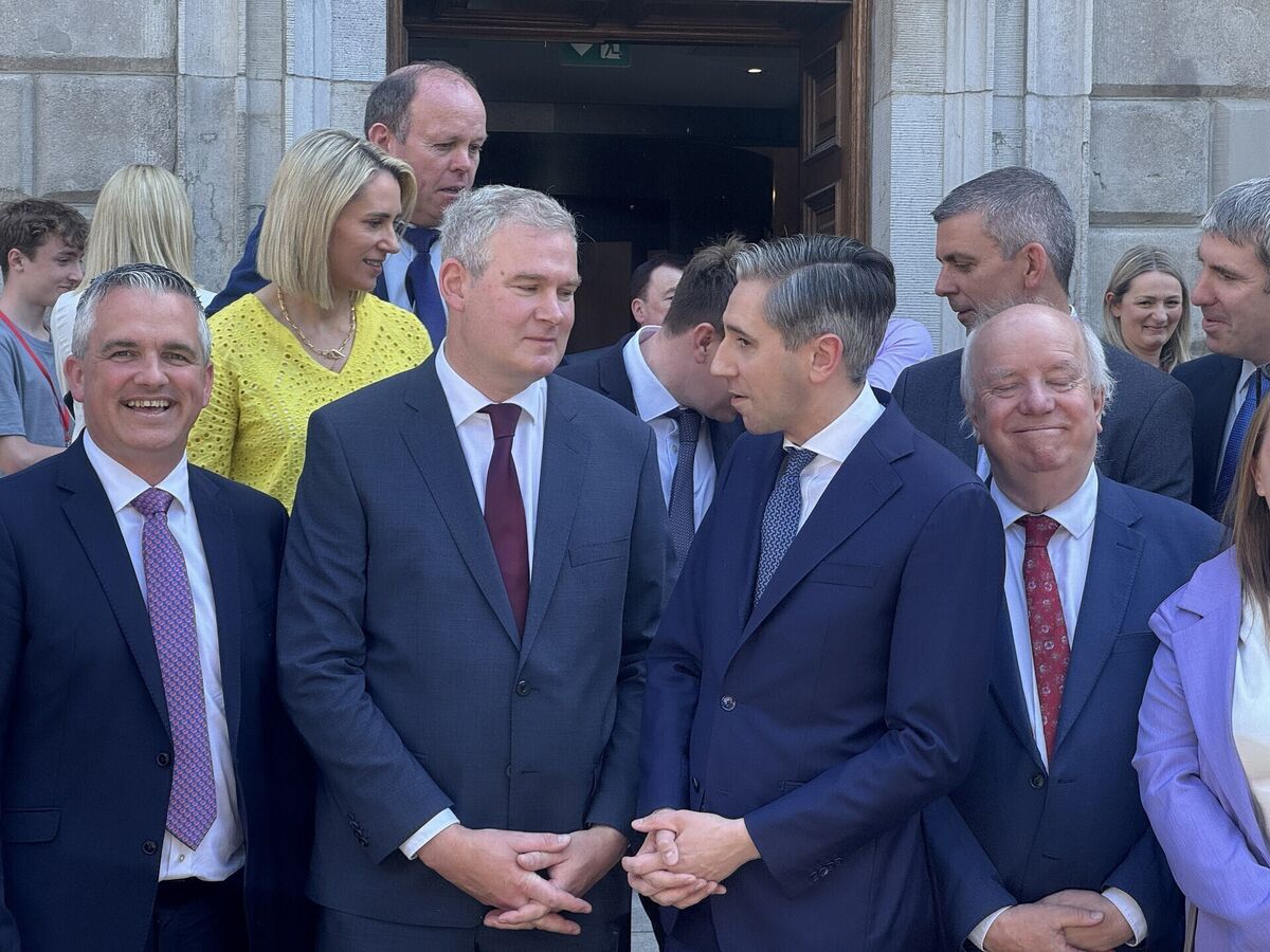 Fine Gael's Sean Kyne (centre left) and Tanaiste Simon Harris (centre right) with senators at Leinster House, Dublin. Ireland's newest TDs arrived for work in Leinster House on Tuesday, after closely watched by-elections in Dublin Central and Galway West. Picture: Bairbre Holmes/PA Wire Fine Gael's Sean Kyne (centre left) and Tanaiste Simon Harris (centre right) with senators at Leinster House, Dublin. Ireland's newest TDs arrived for work in Leinster House on Tuesday, after closely watched by-elections in Dublin Central and Galway West. Picture: Bairbre Holmes/PA Wire