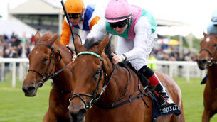 <p>OAKS CONTENDER: Legacy Link and Colin Keane en route to winning the Musidora at York earlier this month. Picture: Healy Racing</p> <p>OAKS CONTENDER: Legacy Link and Colin Keane en route to winning the Musidora at York earlier this month. Picture: Healy Racing</p>