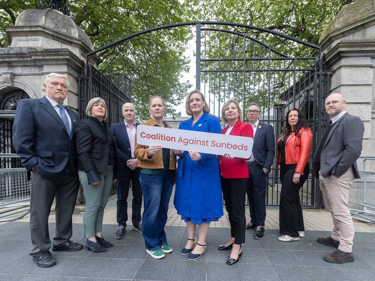 The Coalition Against Sunbed campaigners outside Leinster House calling for the total ban of sunbeds are (left to right) Dr Diarmuid O'Shea, president of the Royal College of Physicians of Ireland; Dr Cathy Cullen, national director of Specialist Training in General Practice, Irish College of GPs; Kevin O’Hagan, cancer prevention manager, Irish Cancer Society; Miriam Staunton, chair of United Cancer Advocates Network and Melanoma Support Ireland; Orla Dolan, chief executive of Breakthrough Cancer Research; Liz Yeates, chief executive officer of Marie Keating Foundation; Steve Dempsey, director of advocacy and communications of the Irish Cancer Society; Gill Costelloe, patient advocate at Melanoma Support Ireland; and David Mc Mahon, chief executive officer of the Irish Skin Foundation. Photo: Paul Sherwood