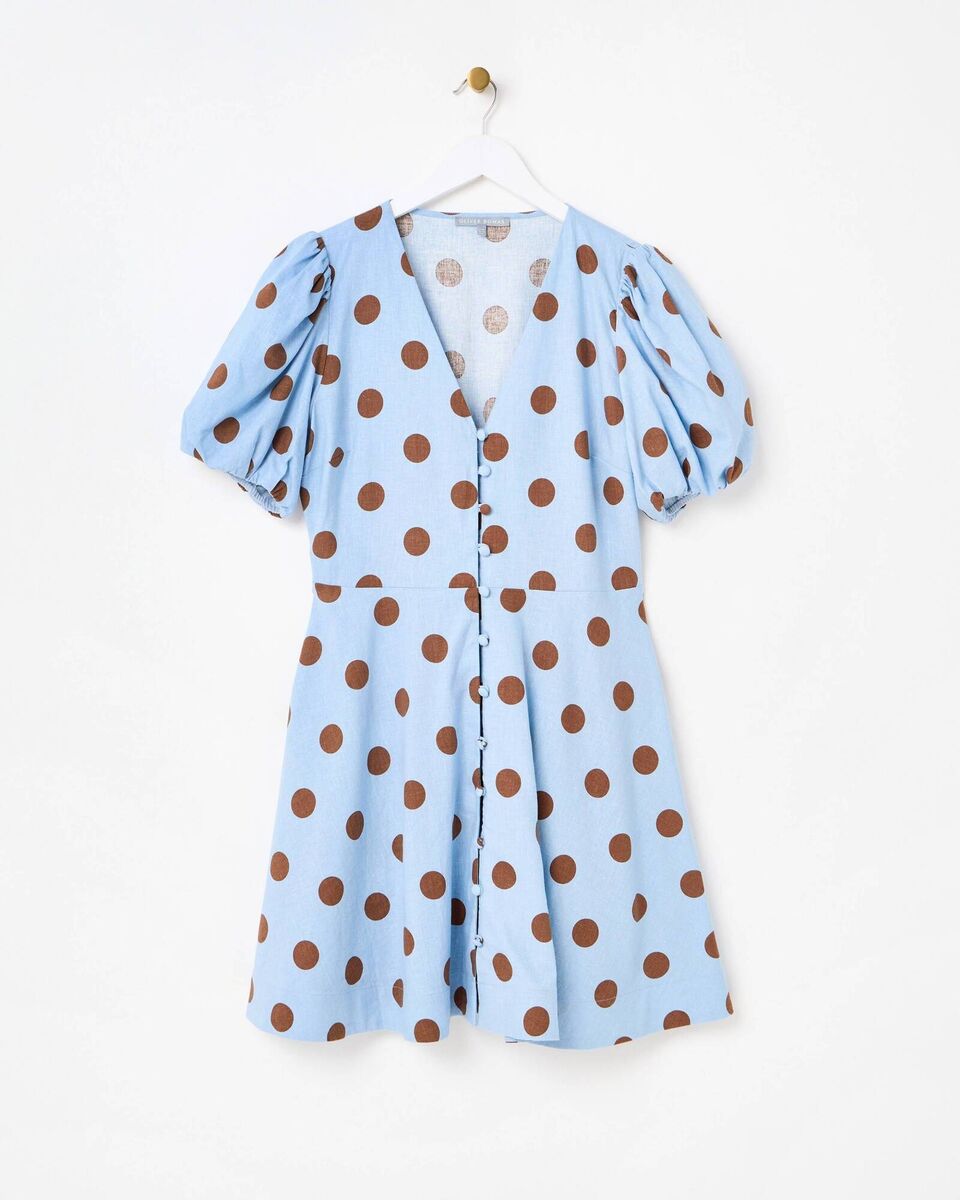 Blue & Brown Polka Dot Dress, €102, Oliver Bonas. Blue & Brown Polka Dot Dress, €102, Oliver Bonas.