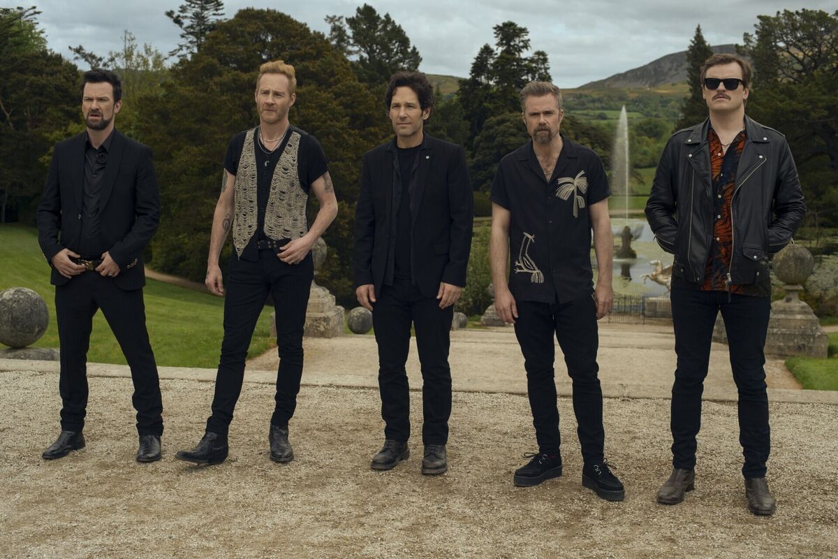 Keith McErlean as Kyle, Peter McDonald as Sandy, Paul Rudd as Rick, Rory Keenan as Binzer and Paul Reid as Bernard in 'Power Ballad'. Picture: Lionsgate/David Cleary. Keith McErlean as Kyle, Peter McDonald as Sandy, Paul Rudd as Rick, Rory Keenan as Binzer and Paul Reid as Bernard in 'Power Ballad'. Picture: Lionsgate/David Cleary.