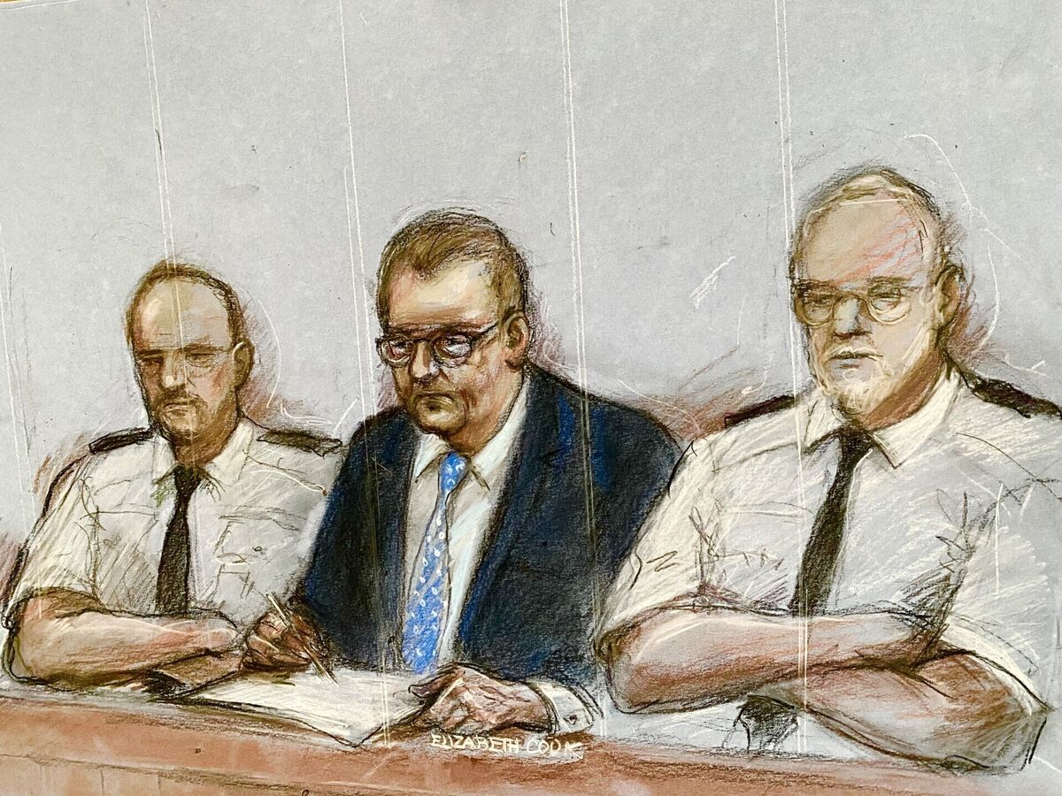 Court artist drawing by Elizabeth Cook of Jeffrey Donaldson appearing at Newry Crown Court. Picture: Elizabeth Cook/PA Court artist drawing by Elizabeth Cook of Jeffrey Donaldson appearing at Newry Crown Court. Picture: Elizabeth Cook/PA