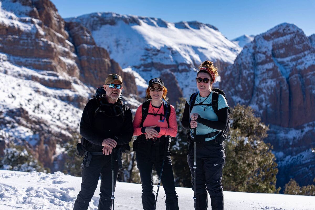 Ray Goggins, Angela Scanlon, and Kyla Cobbler in the Atlas Mountains in Morocco. Picture: RTE. Ray Goggins, Angela Scanlon, and Kyla Cobbler in the Atlas Mountains in Morocco. Picture: RTE.