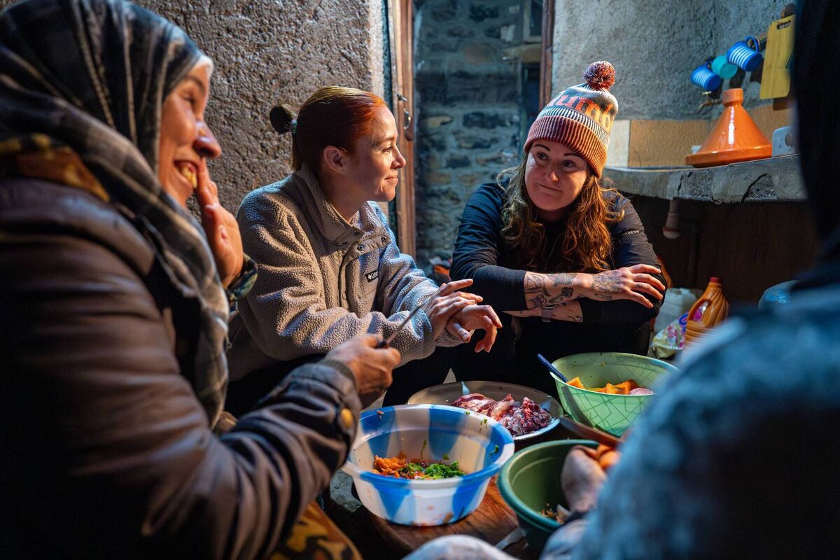 Angela Scanlon and Kyla Cobbler making connections with a local family in the mountains of Morocco, despite speaking different languages. Picture: RTE. Angela Scanlon and Kyla Cobbler making connections with a local family in the mountains of Morocco, despite speaking different languages. Picture: RTE.