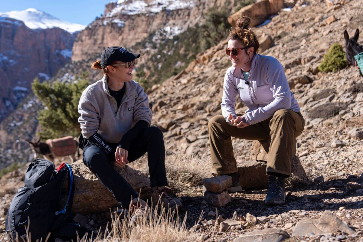 Angela Scanlon and Kyla Cobbler sharing a moment ahead of their final day in the Atlas Mountains in Morocco. Picture: RTE. Angela Scanlon and Kyla Cobbler sharing a moment ahead of their final day in the Atlas Mountains in Morocco. Picture: RTE.