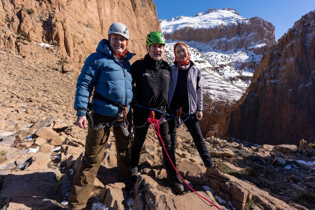 Kyla Cobbler Ray Goggins and Angela Scanlon in the Atlas Mountains in Morocco. Picture: RTE. Kyla Cobbler Ray Goggins and Angela Scanlon in the Atlas Mountains in Morocco. Picture: RTE.