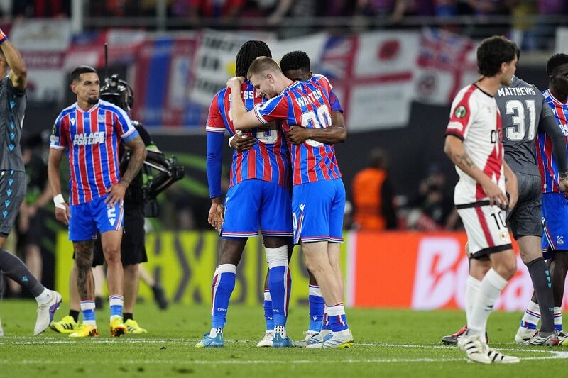 Crystal Palace's Adam Wharton (centre) and team-mates celebrate. Pic: Jordan Pettitt/PA Wire. Crystal Palace's Adam Wharton (centre) and team-mates celebrate. Pic: Jordan Pettitt/PA Wire.
