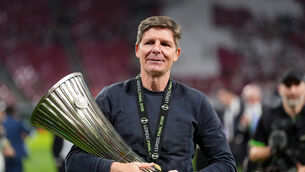 <p>Crystal Palace manager Oliver Glasner celebrates with the trophy after victory over Rayo Vallecano (Adam Davy/PA)</p>