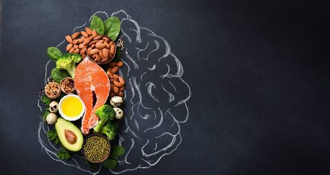 A picture of the brain drawn in chalk with various food products: fish, meat, nuts, vegetables and greens. Healthy food.
