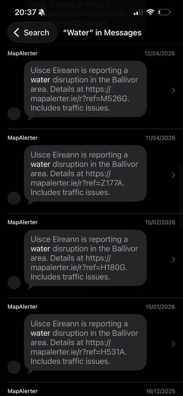 Some of the regular Whatsapps from Uisce Eireann that residents get in regard to water problems in Ballivor.