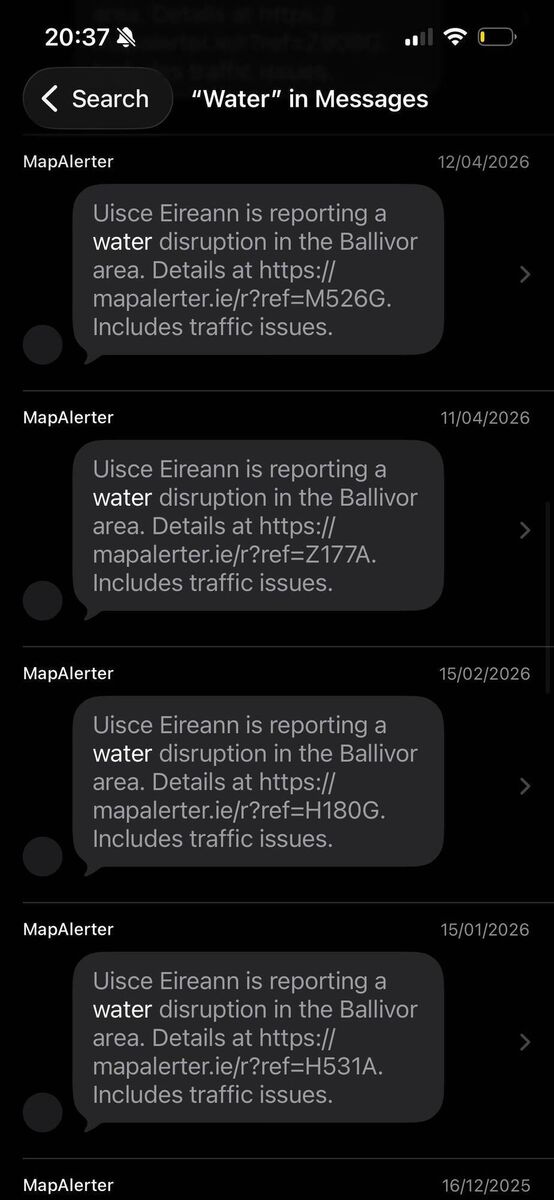 Some of the regular Whatsapps from Uisce Eireann that residents get in regard to water problems in Ballivor.