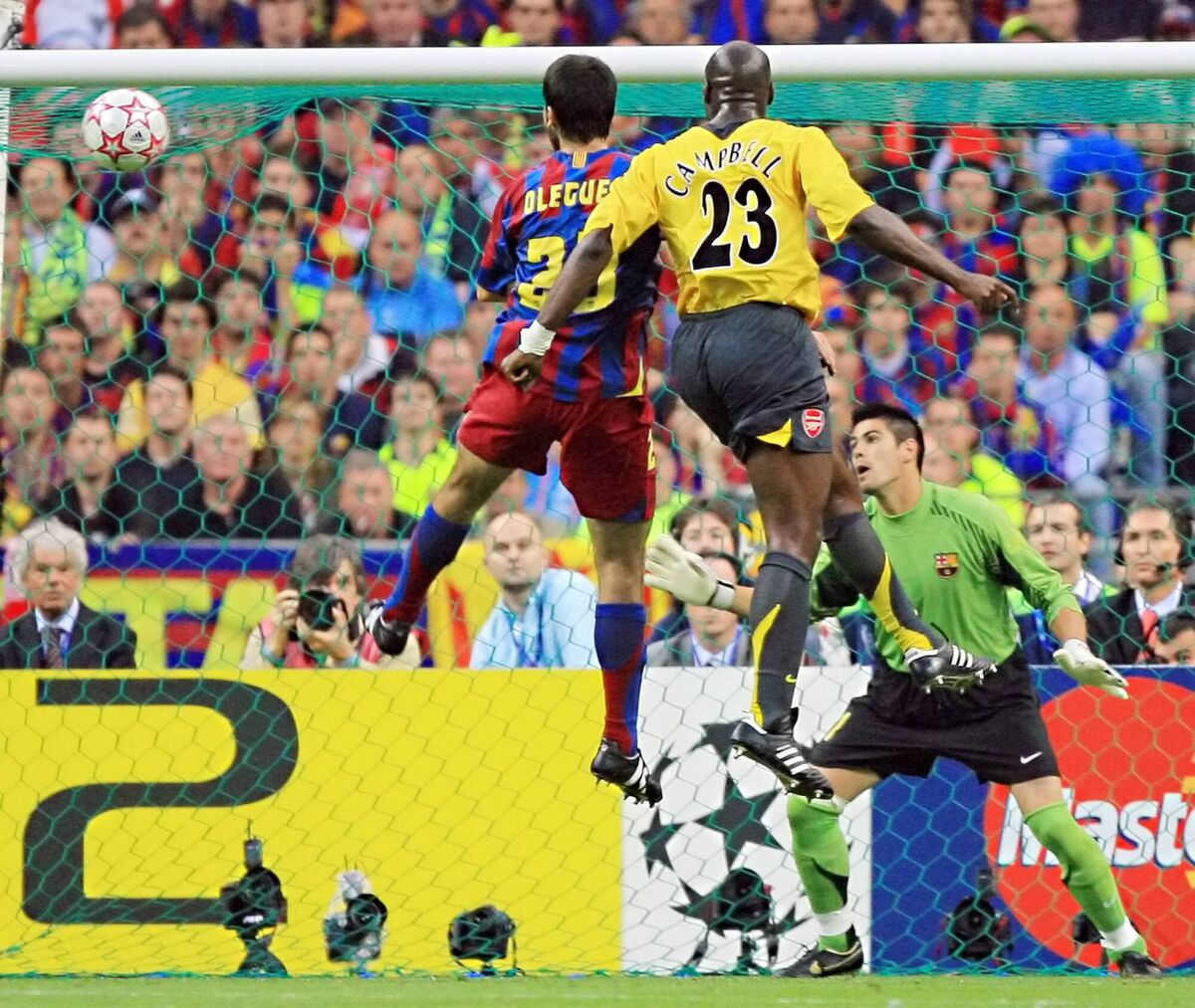 PRECIOUS MOMENT: Arsenal defender Sol Campbell scores against Barcelona during the 2006 Champions League final. Photo by ODD ANDERSEN/AFP via Getty Images PRECIOUS MOMENT: Arsenal defender Sol Campbell scores against Barcelona during the 2006 Champions League final. Photo by ODD ANDERSEN/AFP via Getty Images