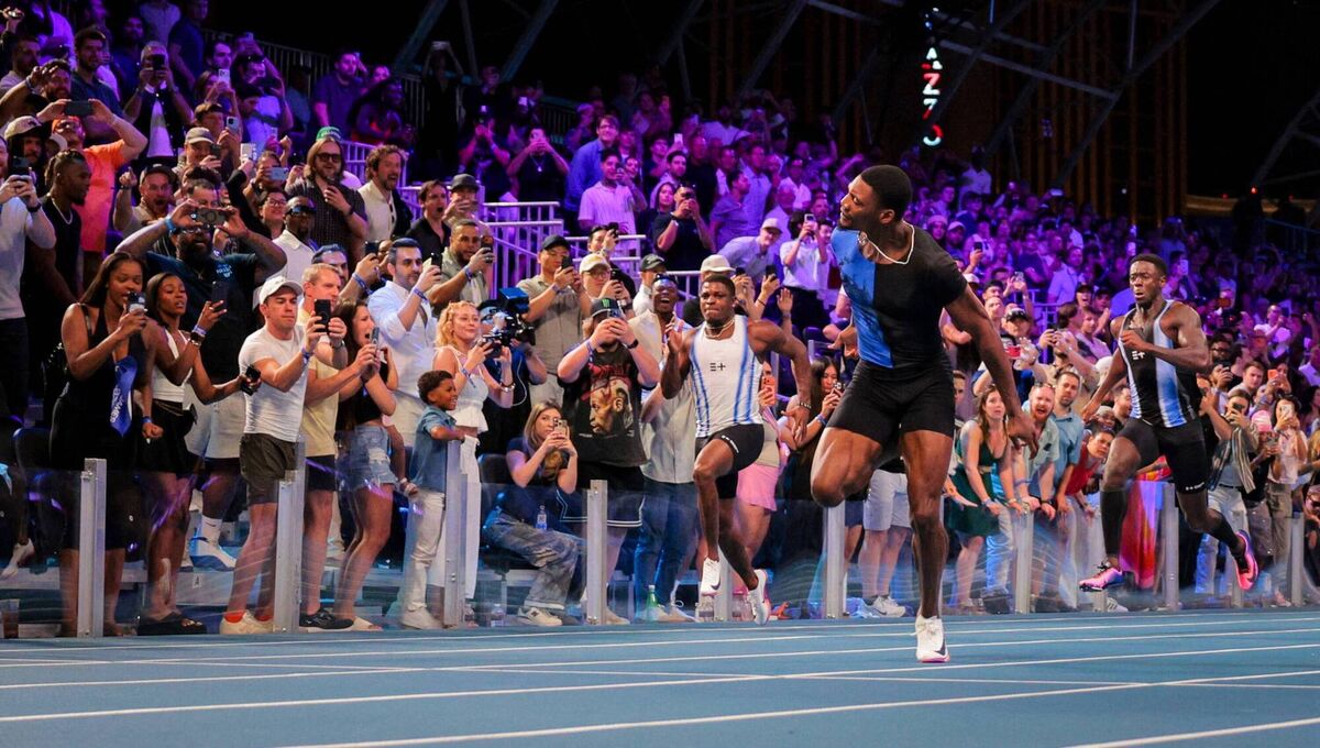 US sprinter Fred Kerley, centre, wins the men's 100m in front of US sprinter Marvin Bracy-Williams, left, and English sprinter Reece Prescod during the Enhanced Games. US sprinter Fred Kerley, centre, wins the men's 100m in front of US sprinter Marvin Bracy-Williams, left, and English sprinter Reece Prescod during the Enhanced Games.