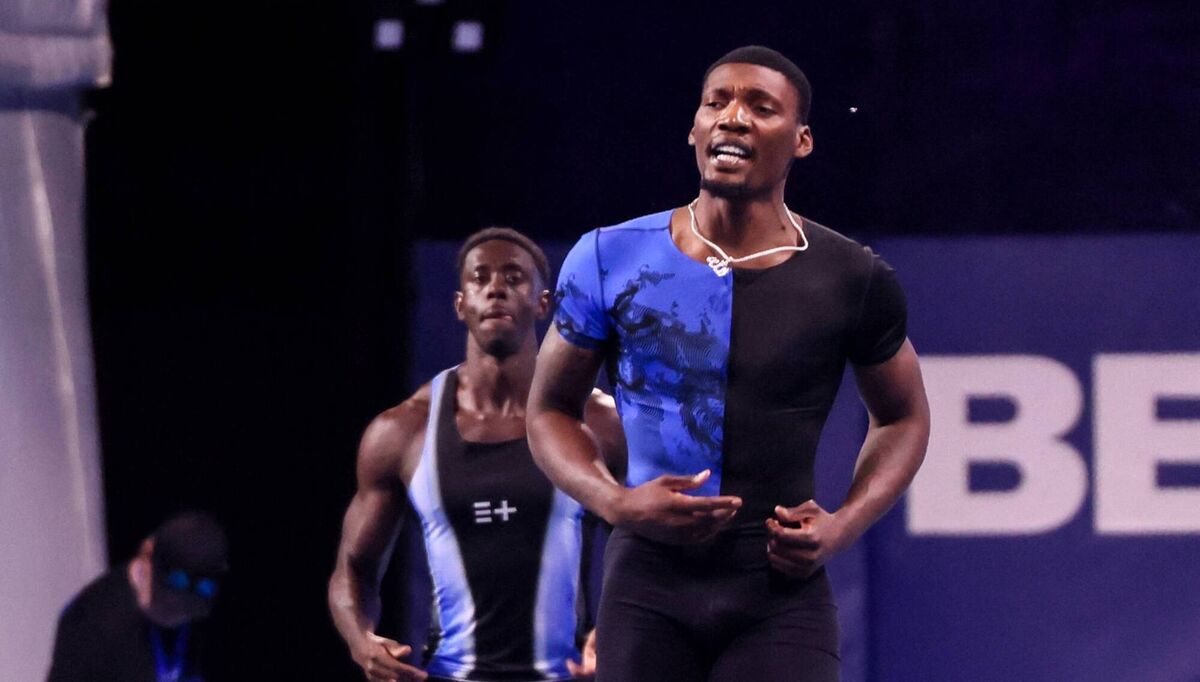 US sprinter Fred Kerley, right, reacts after a third false start in the men's 100m race at the Enhanced Games. US sprinter Fred Kerley, right, reacts after a third false start in the men's 100m race at the Enhanced Games.