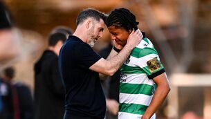<p>Shamrock Rovers manager Stephen Bradley consoles Victor Ozhianvuna of Shamrock Rovers as he comes off with an injury. Pic: Ben McShane/Sportsfile</p>