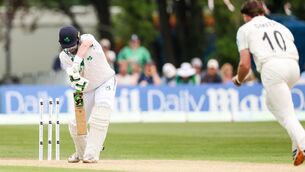 <p>Ireland’s Andy Balbirnie is bowled out by Nathan Smith of New Zealand during the Failte Solar International Test Match at Stormont Cricket Ground. Picture: Nick Elliott/Inpho</p> <p>Ireland’s Andy Balbirnie is bowled out by Nathan Smith of New Zealand during the Failte Solar International Test Match at Stormont Cricket Ground. Picture: Nick Elliott/Inpho</p>