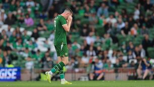 <p>Ireland’s Jack Moylan leaves the field after being shown a red card. Pic: Bryan Keane/Inpho</p>