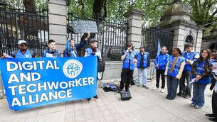 <p>Covalen workers protest outside Leinster House earlier this month. Photo: Sasko Lazarov / © RollingNews.ie</p> <p>Covalen workers protest outside Leinster House earlier this month. Photo: Sasko Lazarov / © RollingNews.ie</p>