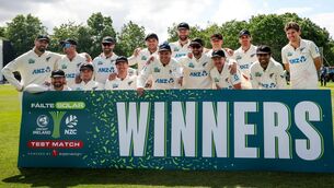 <p>New Zealand celebrate with the trophy after the Failte Solar International Test Match at Stormont Cricket Ground. Pic: Nick Elliott/Inpho</p> <p>New Zealand celebrate with the trophy after the Failte Solar International Test Match at Stormont Cricket Ground. Pic: Nick Elliott/Inpho</p>