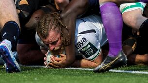 <p>NOT ENOUGH: Connacht's Finlay Bealham scores his sides third try of the match. Pic: ©INPHO/James Crombie</p>