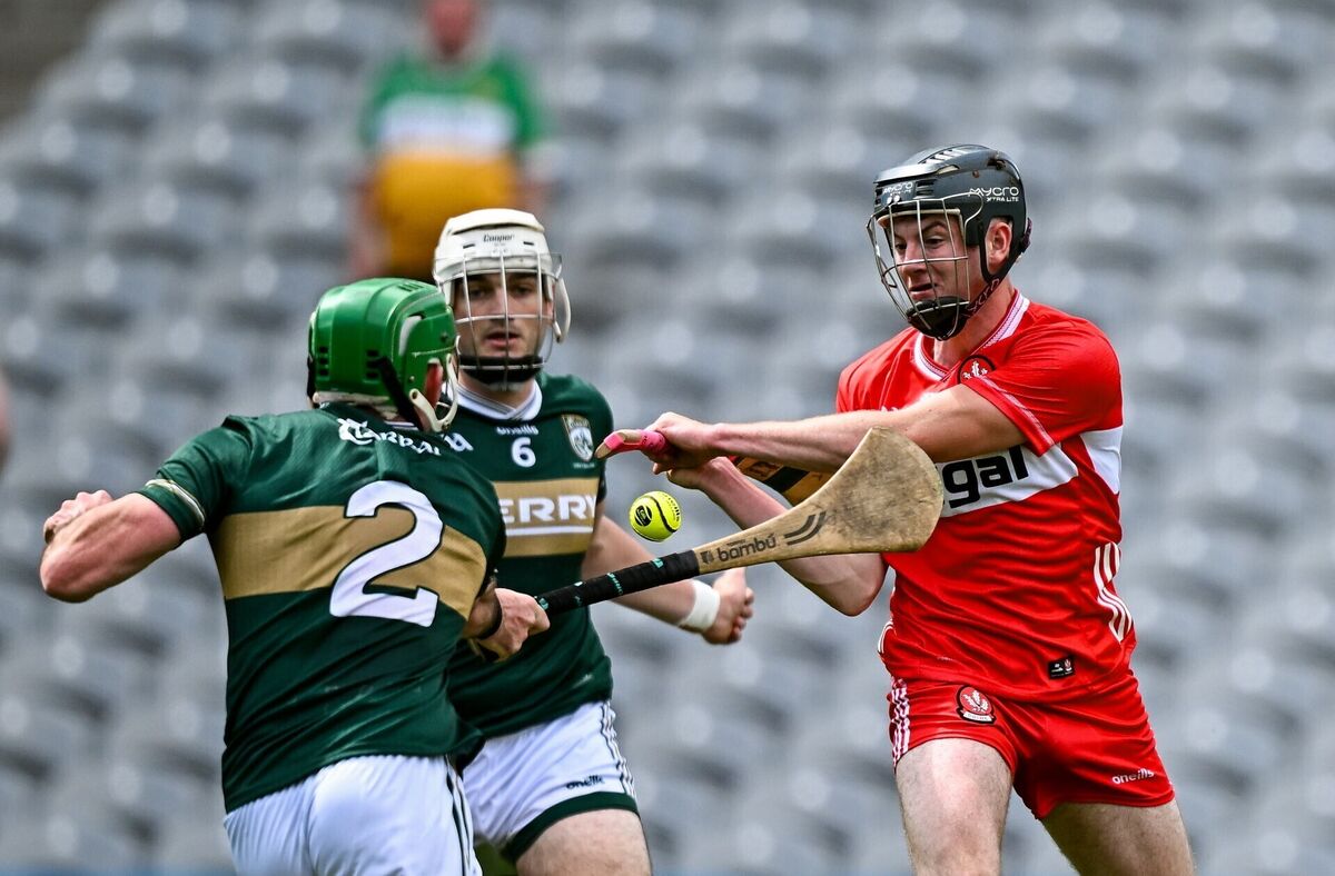 Connor Melaugh of Derry scores his side's first goal during the Christy Ring Cup final match against Kerry. Pic: Seb Daly/Sportsfile