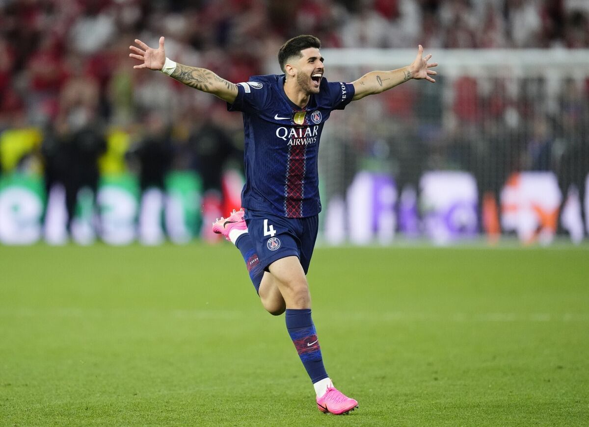 Paris Saint-Germain's Lucas Beraldo celebrates after beating Arsenal. Pic: Nick Potts/PA Wire. Paris Saint-Germain's Lucas Beraldo celebrates after beating Arsenal. Pic: Nick Potts/PA Wire.