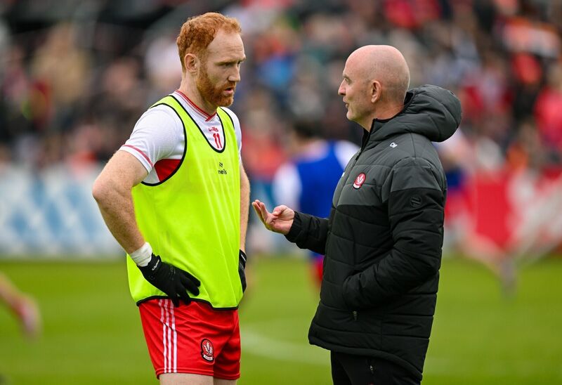 Derry manager Ciaran Meenagh in conversation with captain Conor Glass before their side's All-Ireland SFC round 1 game against Armagh. Pic: Ramsey Cardy/Sportsfile Derry manager Ciaran Meenagh in conversation with captain Conor Glass before their side's All-Ireland SFC round 1 game against Armagh. Pic: Ramsey Cardy/Sportsfile