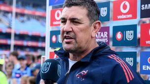<p>Clayton McMillan Head Coach of Munster speaks to media after the match. Pic: INPHO/Steve Haag Sports/Darren Stewart</p>