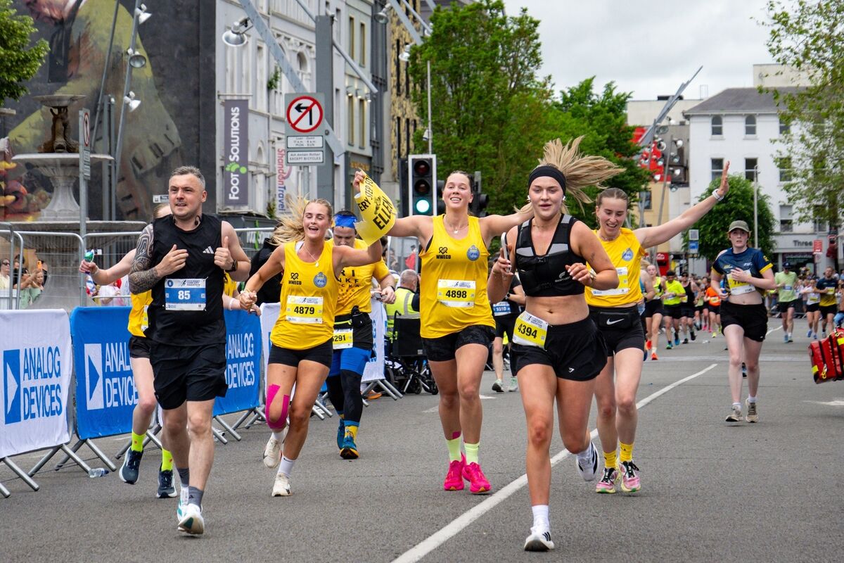 Friends and supporters of Ellen Cassidy celebrate as they cross the finish line at the Analog Devices Cork City Marathon 2026, a Cork City Council event. More than 220 family members and friends took part in this year’s events in memory of the 24-year-old runner. Picture Chani Anderson