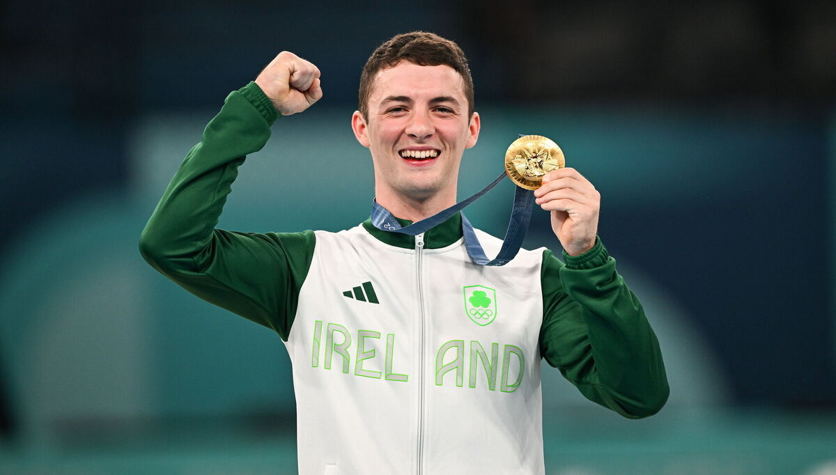 Rhys McClenaghan with his gold medal after winning the men's pommel final at the 2024 Olympic Games in Paris. Picture: David Fitzgerald/Sportsfile
