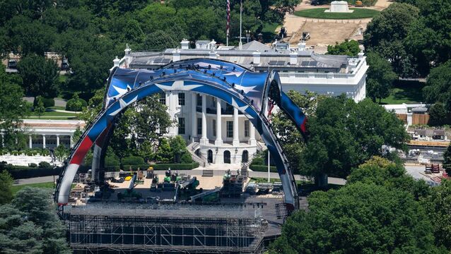 <p>Work on a structure for the upcoming UFC fight US president Donald Trump will host as part of the 250th anniversary of the United States on the South Lawn of the White House. Picture: Getty Images</p>