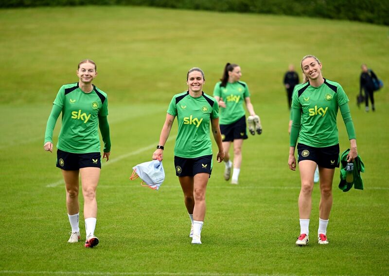 Ireland players Hayley Nolan, Jamie Finn and Megan Connolly training session at Fota Island Resort in Cork. Pic: Stephen McCarthy/Sportsfile