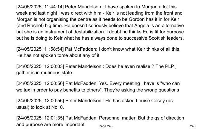 A document dated 24/05/2025 showing WhatsApp exchanges between Peter Mandelson and Pat McFadden. Picture: Cabinet Office/PA A document dated 24/05/2025 showing WhatsApp exchanges between Peter Mandelson and Pat McFadden. Picture: Cabinet Office/PA
